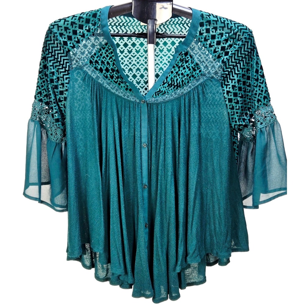 Women's Meadow Rue Size M Teal Velvet Burnout Lace Trim Bell Sleeve Top Witchy